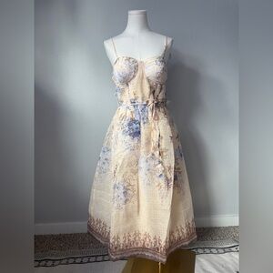 EB Luxe Elegant Beige and Blue Floral Bridgerton Midi Dress